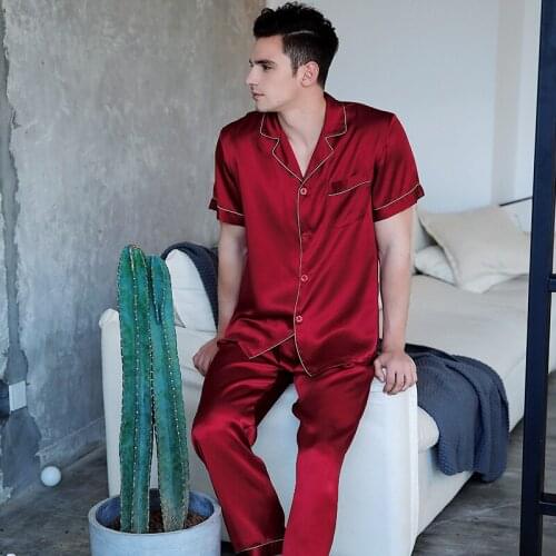 LEIQIA Mens 100% Mulberry Silk Pajamas Set Short Sleeve Sleepwear Button Down & Pants Nightwear Pjs Lounge Sets for Men