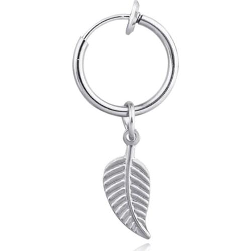 GEOMEE 1Pair No Piercing Leaf Pendent Hoop Earrings for Womenand Men Metal Color Kid Brinco Jewelry Pendientes Hoops E84-2