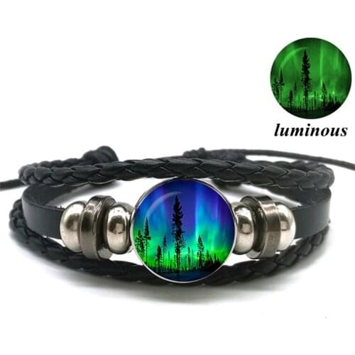 Northern Lights Luminous Bracelet Snap Button Braided Leather Bracelet Men Women Punk Planet Nebula Luminous Jewelry