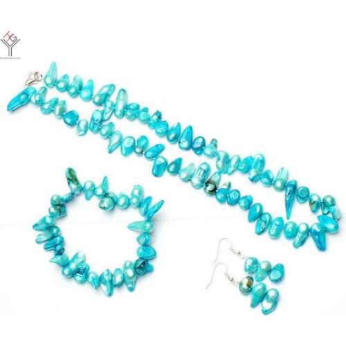 Wedding Women Jewelry set 8-15mm Light blue baroque elongated pearl necklace bracelet hook Earring natural freshwater pearl