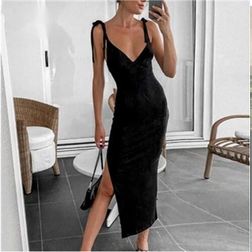 Urifens Robe Femme 2021 Sexy Slim Deep V-neck Backless Split Summer Dress Women Casual Irregular Strap Long Party Dresses BT37U