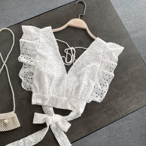 SINGREINY Design Hollow Backless Blouse Women Korean V Neck Sleeveless Lace Up White Tops Summer Fashion Streetwear Short Blouse