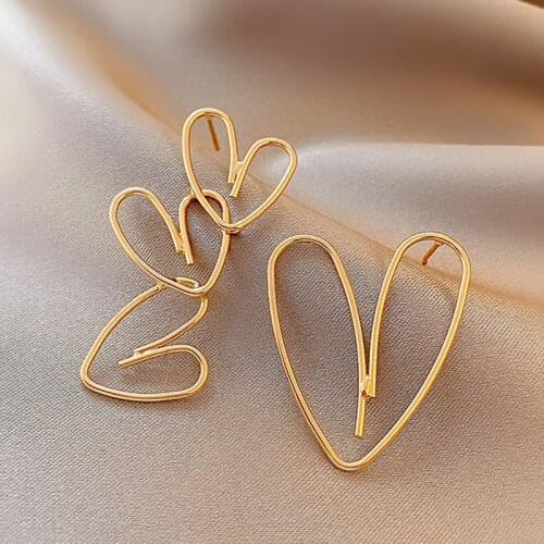 Womens Earrings Korean Asymmetry Drop Earrings for Women Statement Geometric Heart Gold Earring 2021 Trend Female Jewelry Gifts