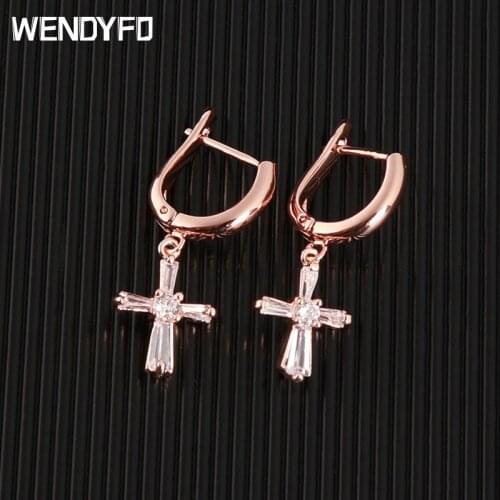 WENDYFO New Fashion Cross Earrings For Women Rose Gold Color Charm Religion Zircon Drop Earring Female Jewelry Gift Wholesale