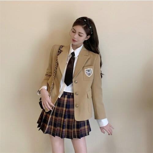 College Style JK Casual Suit Autumn and Spring 2021 New Female British Style Shirt Suit Jacket Pleated Skirt Three-piece Suit