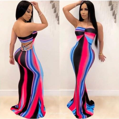 Adogirl Women Colorful Striped Strapless Long dress Dress Backless Gradient Dress