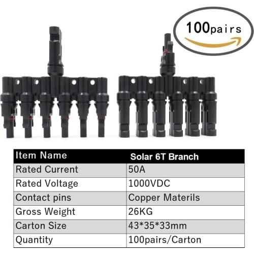 100 Pairs / Carton 6T Branch parallel connect 6 branch Electrical PV Connector Photovoltaic Solar Panel Cable Wire Connection