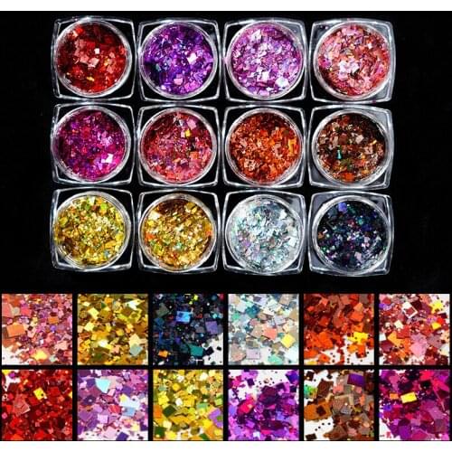 12Colors Four Corners Square Sequins1mm/2mm/3mm Mix PET Ultra thin Nail Glitter Powder For Makeup/Body/Eye/Hair/Nail Glitter Art