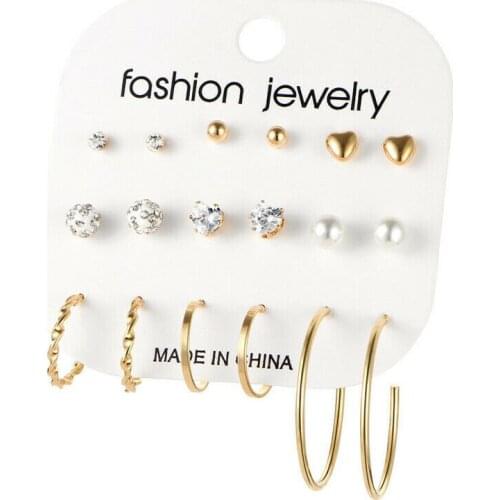 2019 New Rhinestone Imitation Pearl Stud Earrings for Women Gift Womens Fashion Cute Big Earrings Combination Crystal Stud Ear