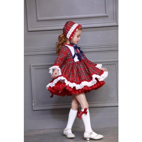 3PCS Baby Girl Autumn Winter Red Plaid Vintage Spanish Pompom Ball Princess Lolita Dress with Hat Pants for Christmas Birthday