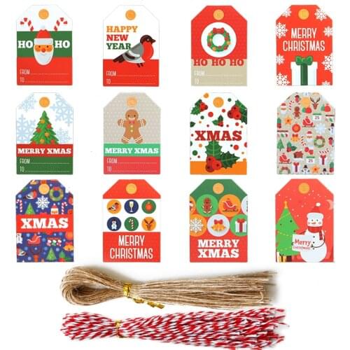 48sets Merry Christmas Gift Tags Cute Santa Claus Snowman Paper Cards Xmas Party Decor Hang Tags with Rope DIY Packing Labels