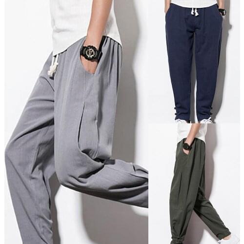 Casual Men Drawstring Pockets Ankle Tie Cotton Linen Plus Size Loose Harem Pants Stretch Flexible Man Casual Trousers
