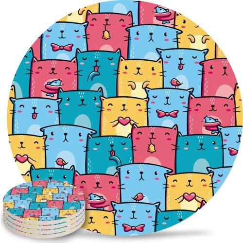 Colored Cats Coasters Waterproof Placemats for Table Christmas Home Decor Coffee Table Decor Ceramic Coasters