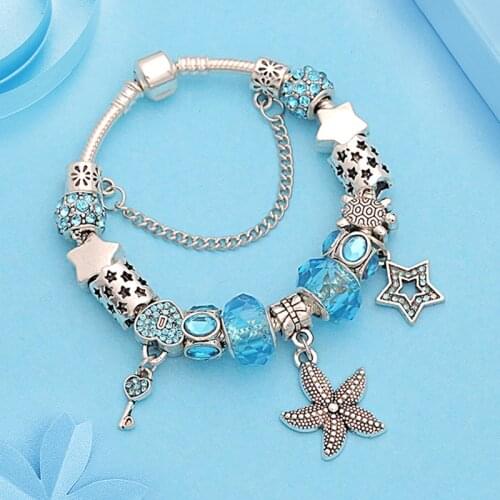 Blue Ocean Series Key Star Crystal Pendent Charm Bracelet Silver Color Sea Animal Bead Bracelets for Children Diy Jewelry