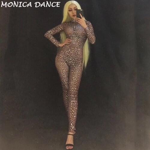 Women Sexy Stage Rhinestones Djds Jumpsuit Simple Type Sparkling Crystals Party Nightclub Stage Wear Singer Dance Bling Costumes