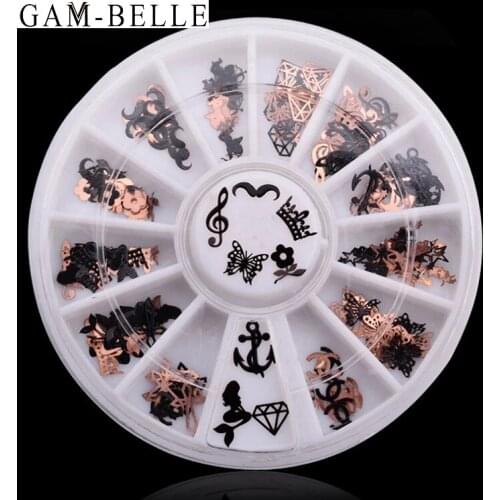 GAM-BELLE Mixed 12 Shapes 3D Metal Nail Art Decoration Decal Flower Butterfly Nail Art Glitter Sequins DIY Accessories In Wheel