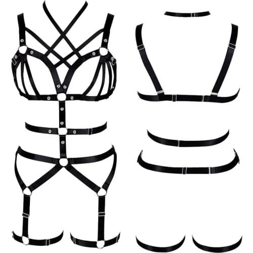 Goth Harness Bra for Women Black Body Caged Tops Hollow Out Garter Belt Sexy Lingerie Set Elastic Adjust Punk Dance Rave Clothes