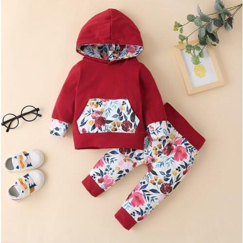 Baby Girl Outfit Set Clothes Little Kids Hoodie Clothing Floral Pocket Hooded Top+Print Pants Toddler Clothing Drop Shipping