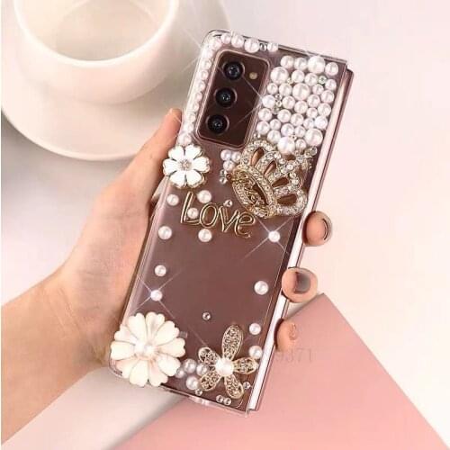 Fashion Fundas For Samsung Galaxy Z Fold 2 3 W21 5G Luxury Handmade Perfume Bottle Flower Crown Bling Crystal Diamond Case Cover