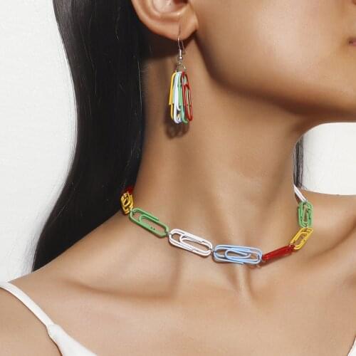 Fashion Clorful Paperclip Earring Necklace Set Dainty Square Link Paper Clip Chain Choker Necklace for Women Punk Jewelry