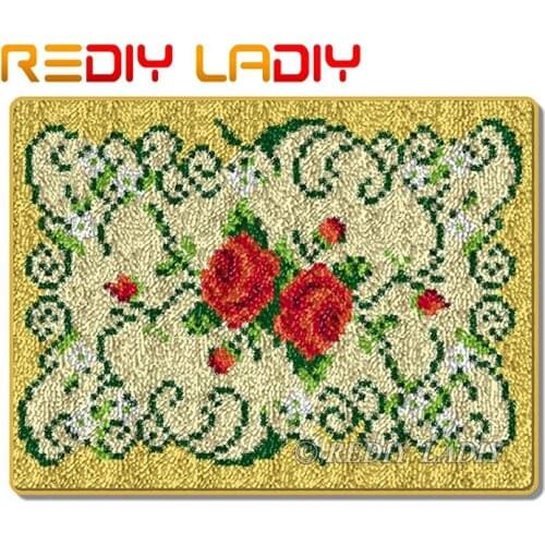 Latch Hook Rug Kit Crocheting Carpet Rug Flowers Rose Acrylic Yarn Pre-Printed Canvas Cushion Mat DIY Crochet Tapestry Crafts