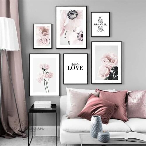 Nordic Pink Flower Painting Home Decor Modern Canvas Art Plant Poster Quote Print Wall Art Picture for Living Room Design
