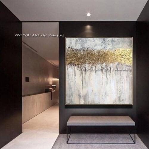 Original Gold Foil Abstract Grey Handmade Oil Painting Wall Art Canvas Pictures modern for Living Room Home Decoration As A Gift