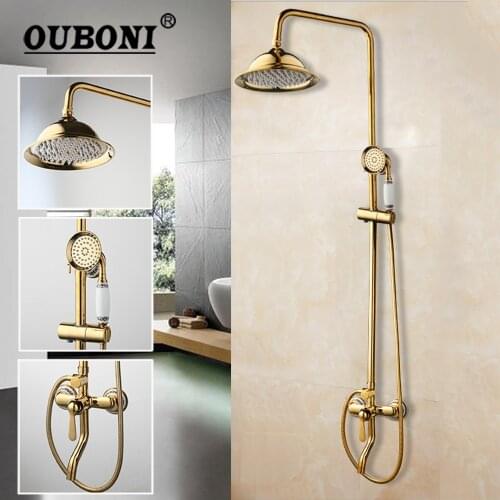 OUBONI Luxury Golded Bathroom Rainfall Shower Faucet Set Wall Mounted Round Handshower Concealed Install Single Mixer Tap
