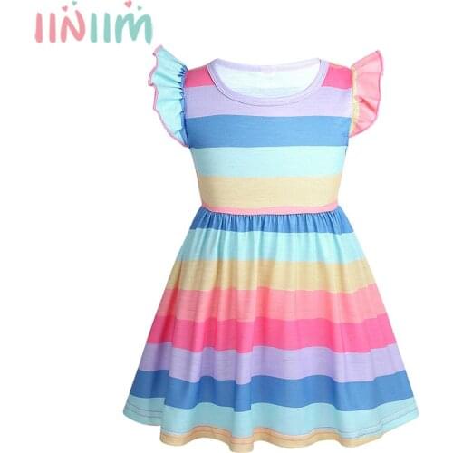 Iiniim Toddler Baby Girls Princess Dress Rainbow Stripe Little Flying Sleeves Princess Dress for Casual Party Summer Dress