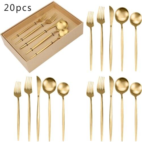 Tableware 20Pcs Matte Gold Steel Cutlery Set Dinnerware Dinner Flatware Set Wedding Gift Box Forks Knives Spoons Set Silverware