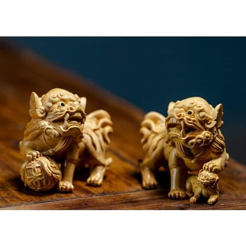 Boxwood 8cm Dragon Lion Sculpture Gatekeepers God Myth Wood Animal Statue Lucky Home Decor