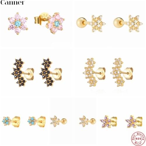 Canner 925 Sterling Silver Petal Zircon Stud Earrings For Women Ear Studs 4 Prong Tragus Cartilage Colorful CZ Piercing Jewelry