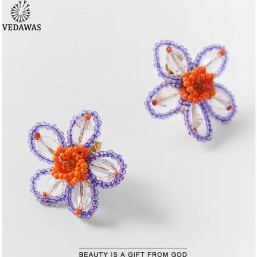 Vedawas 2021 Newest Cute Beads Flower Stud Earrings for Women Boho Handmade Acrylic Floral Drop Earrings Jewelry Wedding Party