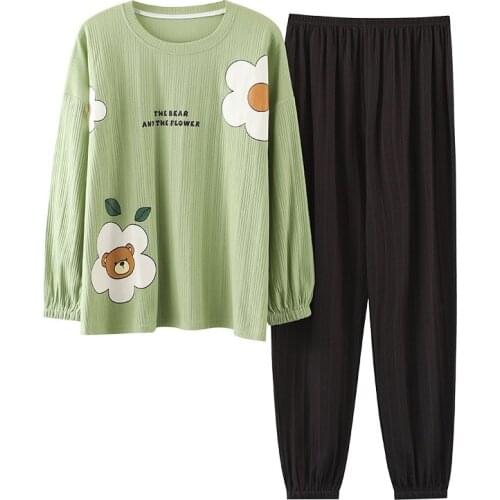 Spring Autumn Knitted Cotton Elegant Womens Sleep Lounge Pajama Long Sleeved Female Pajama Set Pyjamas Sleepwear Plus Size 5XL