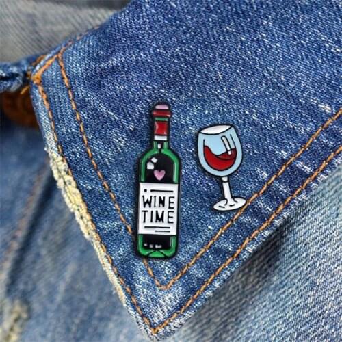 Wine Time Bottle Wine Glass Enamel Brooches Pin Badge Goblet Red Wine Enamel Lapel Brooch Pins Badge Cartoon Jeans Accessories