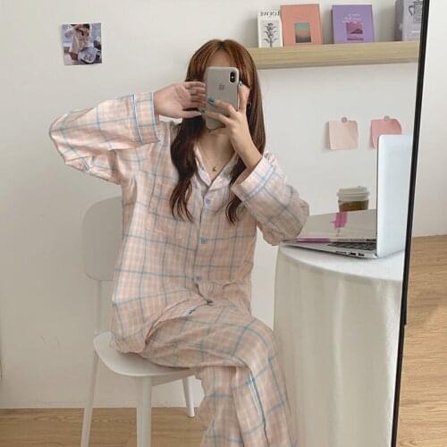 Womens Pajamas Spring Autumn Korean Long Sleeve Nightgown Cardigan Cartoon Leisure Nightwear Home Suit Sleepwear Sleep Wear