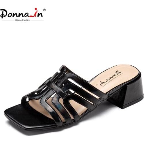 Donna-in 2021 Summer New Beach Sandals Women Square Toe Hollow Original Design High Quality Genuine Leather Slip on Lady Shoes