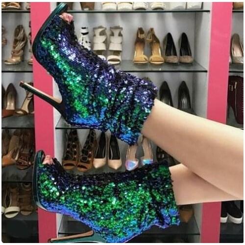 Hot Selling Green Gold Sequin Peep Toe Stiletto Slouchy Bootie Peep Toe High Heels Ladies Womens Ankle Boots Shoes