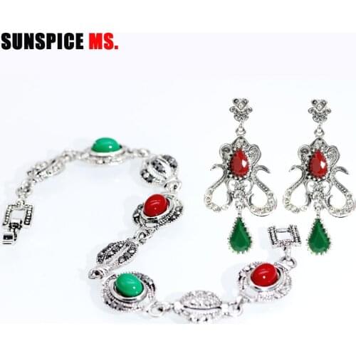 SUNSPICE MS New Bohemia Ethnic Natural Stone Bracelet Dangle Earrings Set antique Silver Color Eye Link Charm Vintage Jewelry