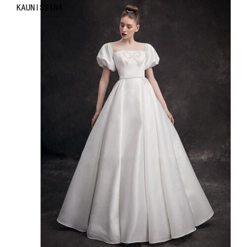 KAUNISSINA Satin Wedding Dresses Peals Square Collar A-Line Bridal Gowns Princess Custom Made Vintage White Bride Marriage Dress