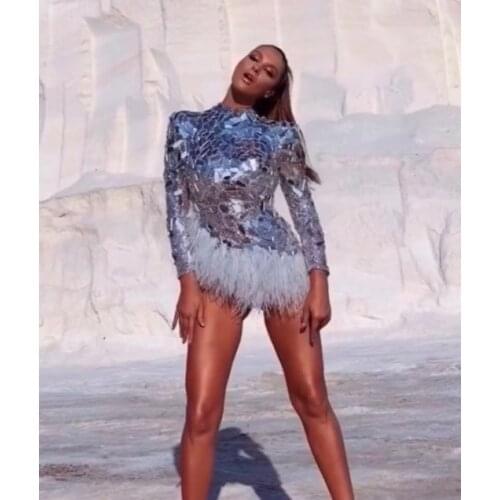 Sparkly Silver Mirrors Feather Bodysuit Womens Bar Birthday Celebrate Outfit Singer Prom Women Dancer Show Wear