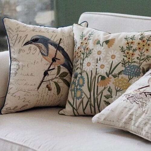 Embroidered Pastoral Bird Flower Cushion Cover Cotton Chair Sofa Decoration Rectangle Pillow Throw 45X45cm 30X50cm