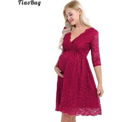 TiaoBug Summer Womens Maternity Elegant Floral Lace Overlay V Neck Half Sleeve Knee Length Pregnant Photography Dress