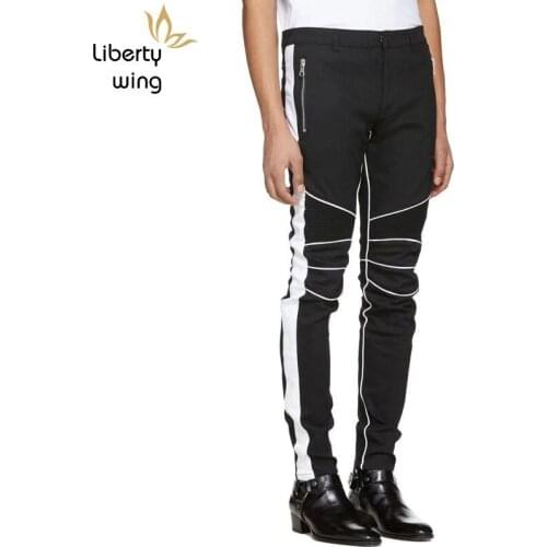 Euro High Street Fashion Mens Slim Fit Motorcycle Pencil White Striped Jeans Long Trousers Plus Size 42 Biker Denim Pants