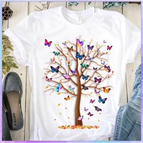 Butterfly Tree Print Oversized T-shirt Woman Short Sleeve T-shirts 2021 Summer Harajuku Tshirts Casual Round Neck Top Tee Shirt