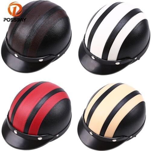 POSSBAY Leather Motorcycle Helmets Motocross Vespa Open Face Half Motor Scooter Helmets Visor Goggles Motocross For Cafe Racer