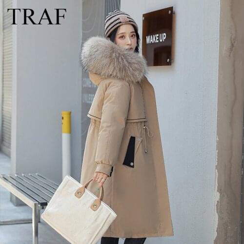 TRAF ZA Womens Clothing Coat Warm Thick Fleece Hooded Winter Jacket Women Solid Color Liner Parka Female Winter Long Coat Women