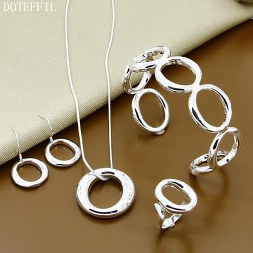 DOTEFFIL 925 Sterling Silver Round O Necklace Bracelet Earring Ring Set For Woman Wedding Engagement Party Fashion Charm Jewelry