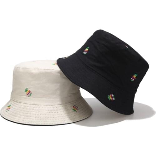 New Pineapple Embroidery Double-sided Fisherman Hat Outdoor Sun Visor Traveling Hiking Hat Womens Bucket Hat Unisex Panama Cap