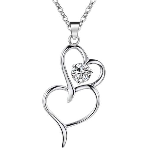 Wholesale Silver Plated Charm Jewelrys Necklace,free Shipping Fashion Fashion Jewelry Pendant Double Hearts Inlaid Stone AN170